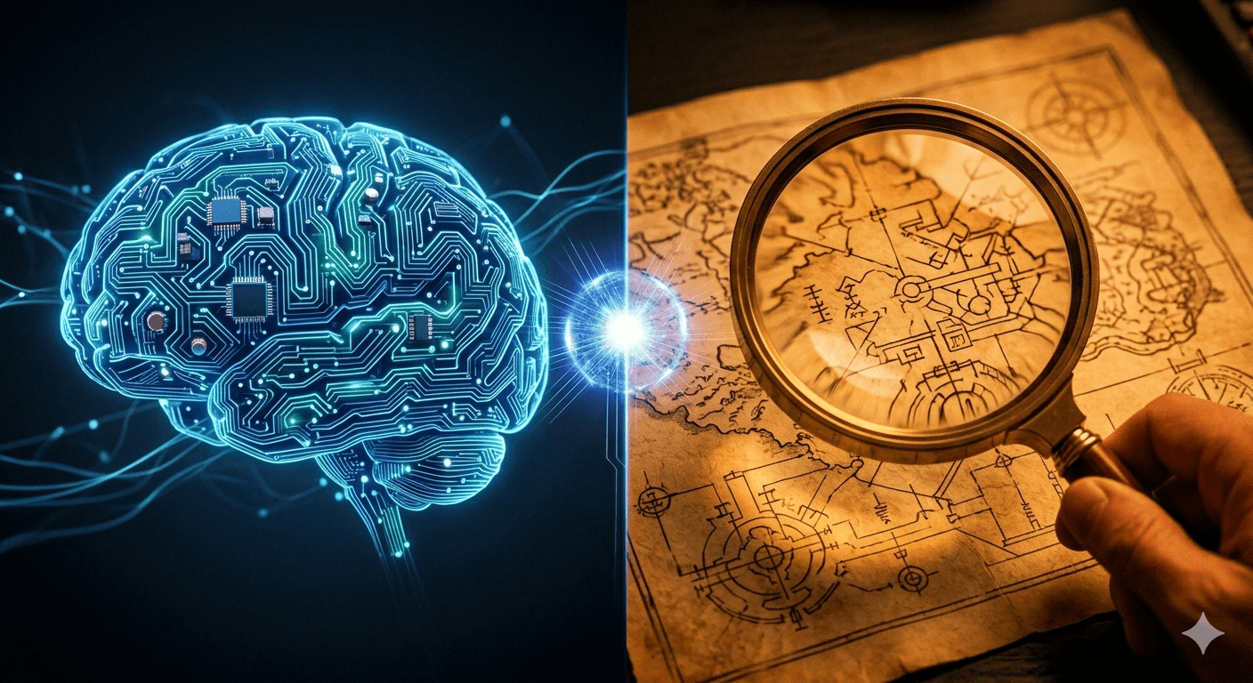 Imagen dividida que compara un cerebro de circuitos de IA a la izquierda con una lupa sobre un mapa tradicional a la derecha