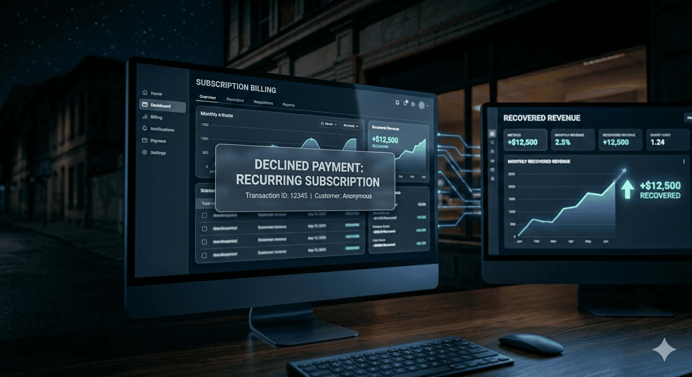 Dual monitors showing a declined recurring subscription payment notification alongside a recovered revenue dashboard trending upward