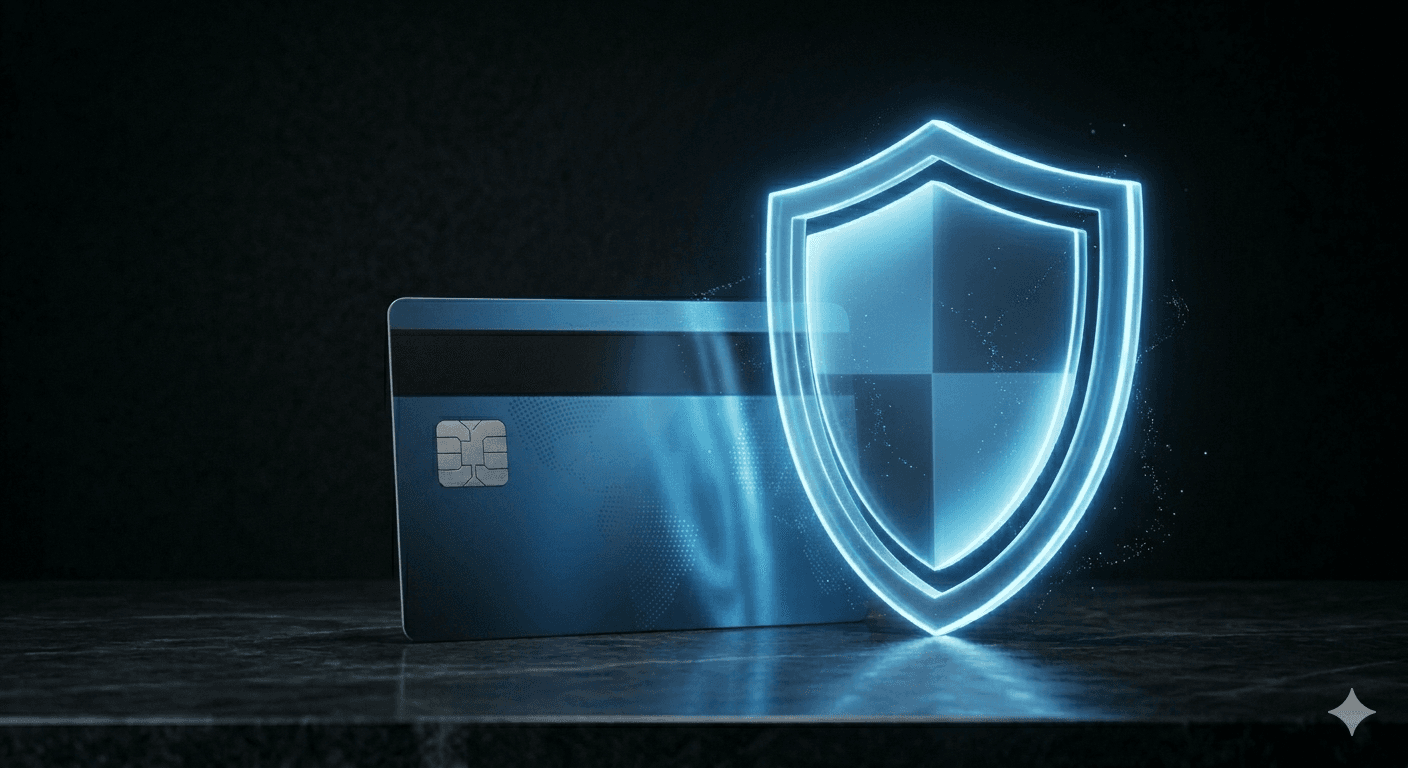 Escudo azul luminoso protegiendo una tarjeta de crédito contra contracargos y disputas de pago