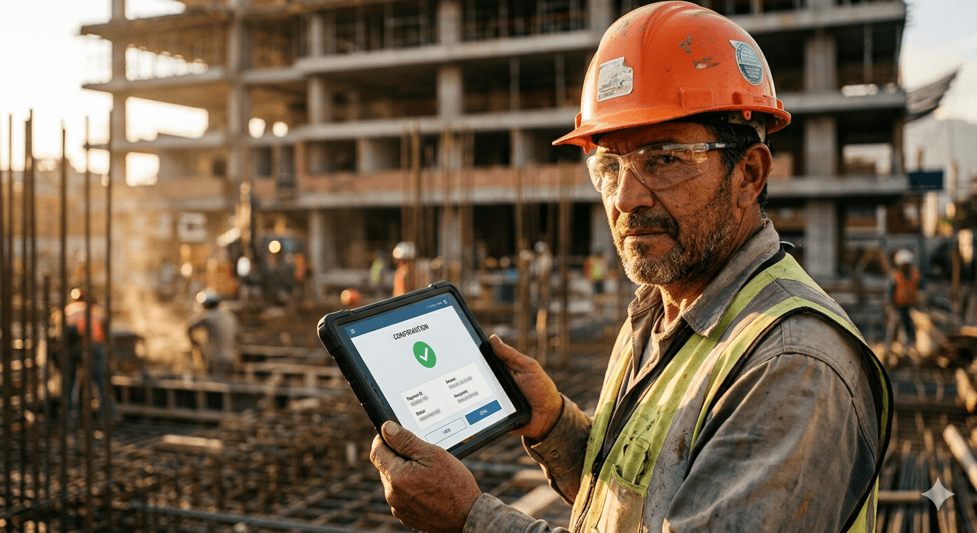 Contratista de construcción en obra sosteniendo una tableta que muestra una confirmación de pago