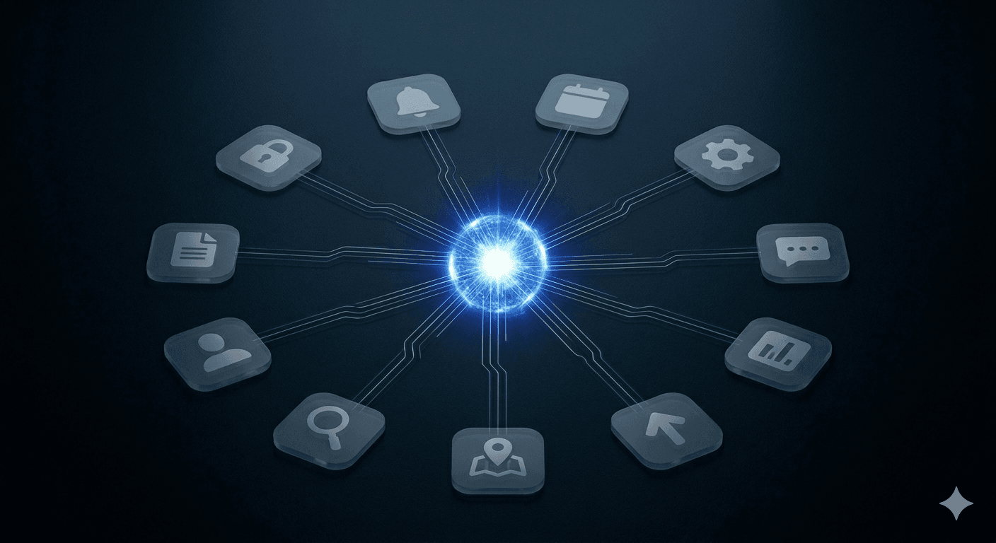 Diez íconos de aplicaciones conectados por líneas iluminadas a un único hub central que representa una plataforma todo-en-uno