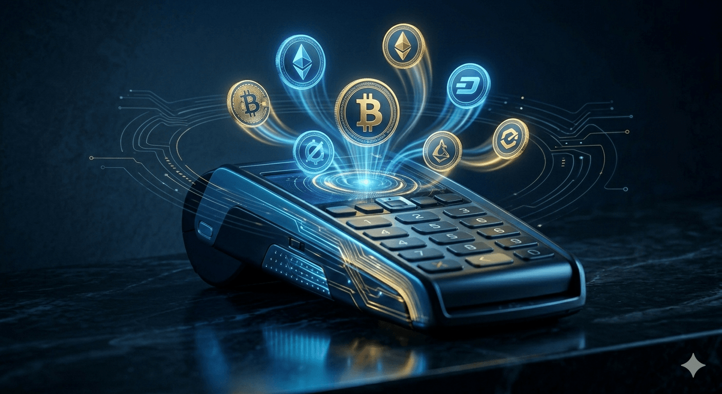 Terminal de punto de venta con múltiples monedas de criptomonedas flotando sobre él