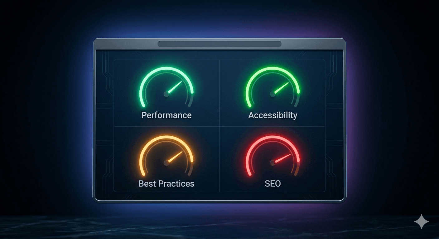 Browser window showing Google PageSpeed Insights score gauges for Performance, Accessibility, Best Practices, and SEO