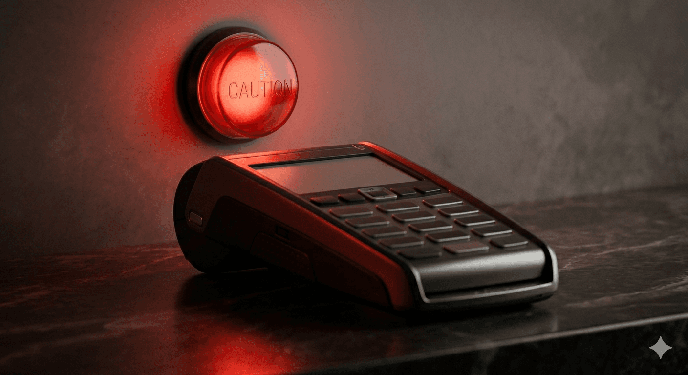 Terminal de pago con una luz de advertencia roja encendida representando el estado de cuenta de comerciante de alto riesgo