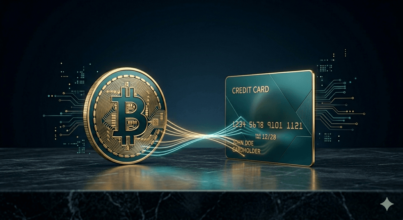 Moneda Bitcoin conectada a una tarjeta de crédito por un puente de luz representando la liquidación de cripto a dólares
