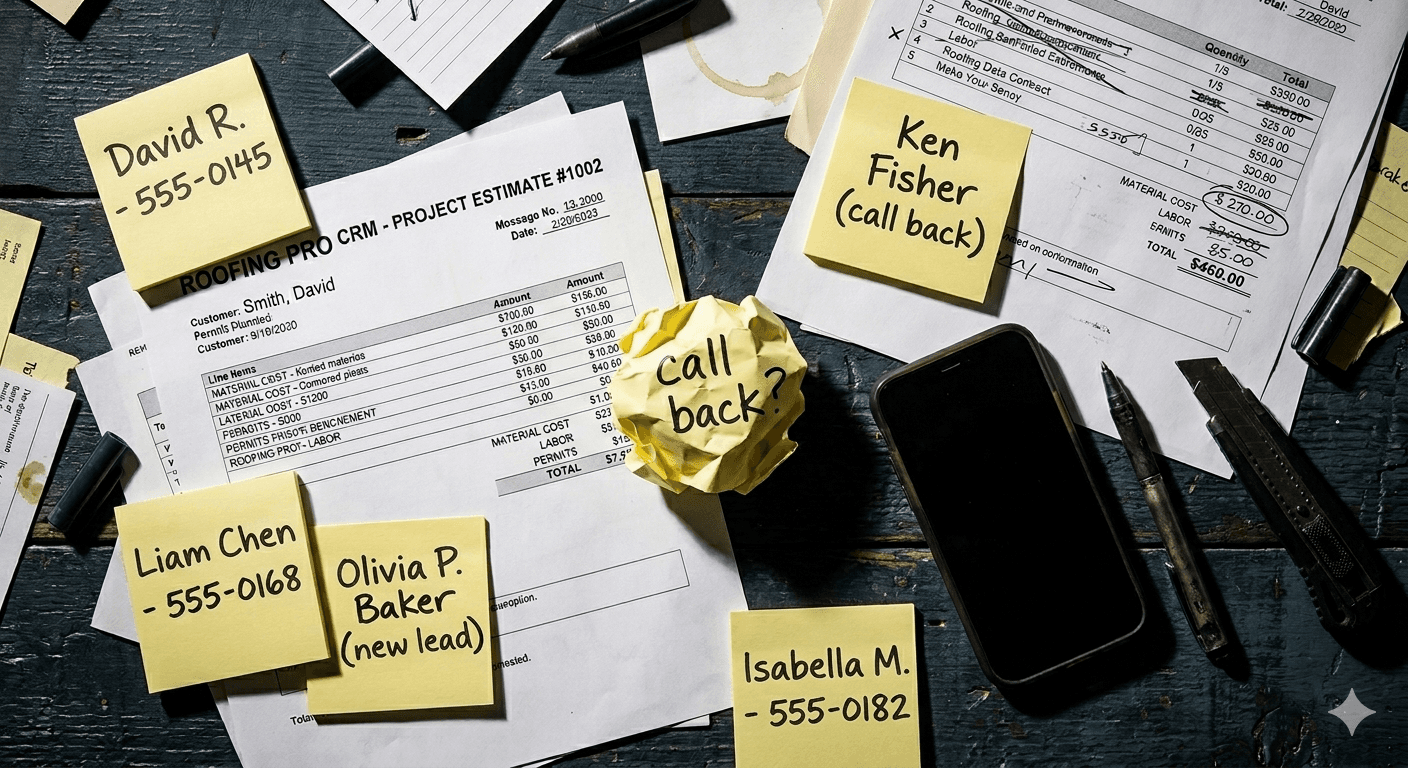 Overhead flat lay of contractor job estimates, sticky notes with follow-up reminders, a crumpled 'call back?' note, and a phone face-down on a dark wood surface