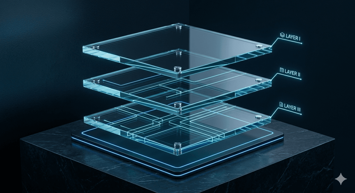 Tres capas de vidrio transparente apiladas representando los tres componentes de los precios interchange-plus