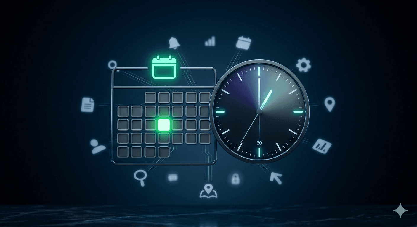 Calendario luminoso con un día resaltado junto a un reloj representando la velocidad del fondeo al día siguiente