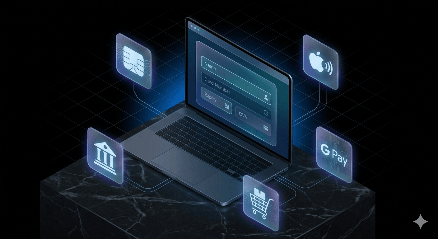 Online store checkout screen showing multiple payment method options including credit cards and digital wallets