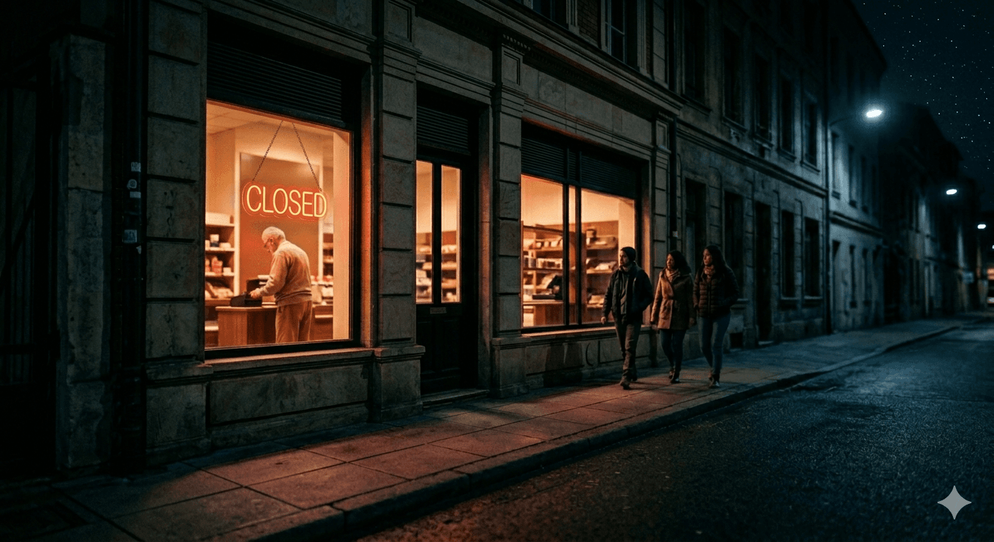 Negocio cerrado de noche con letrero de cerrado mientras clientes pasan de largo por la calle