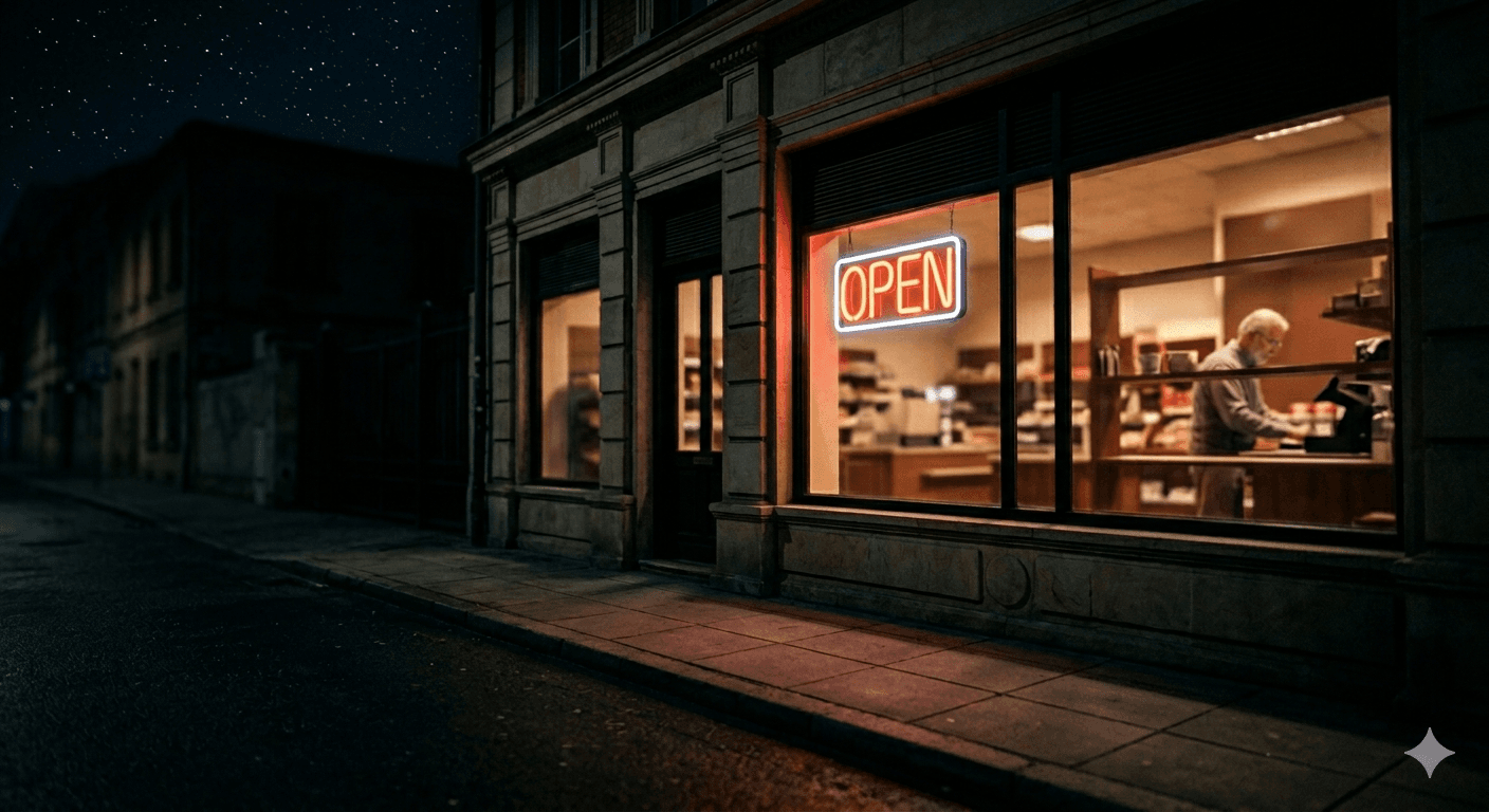 Fachada de una tienda de noche con un letrero de neón que dice 'Abierto' pero la acera vacía, representando un sitio web que no genera clientes