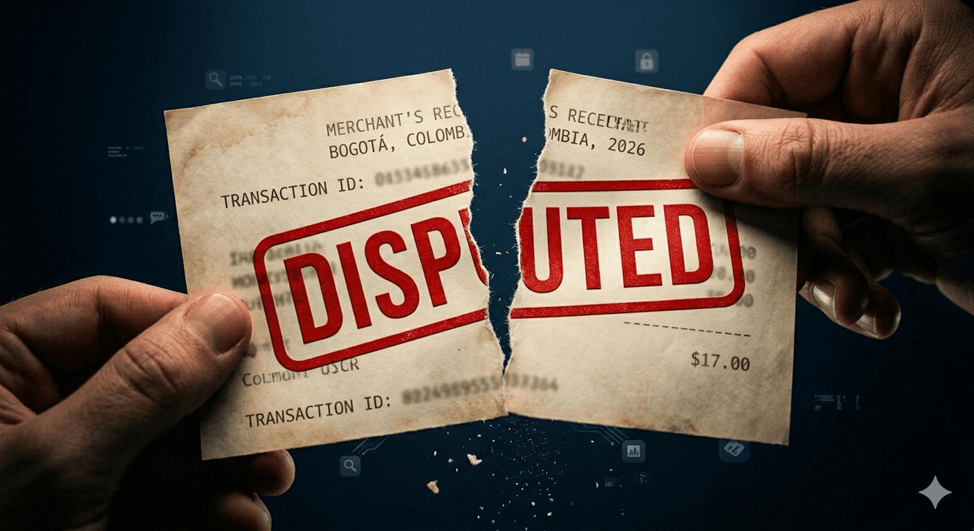 Merchant receipt being torn in half with a disputed stamp representing a chargeback dispute