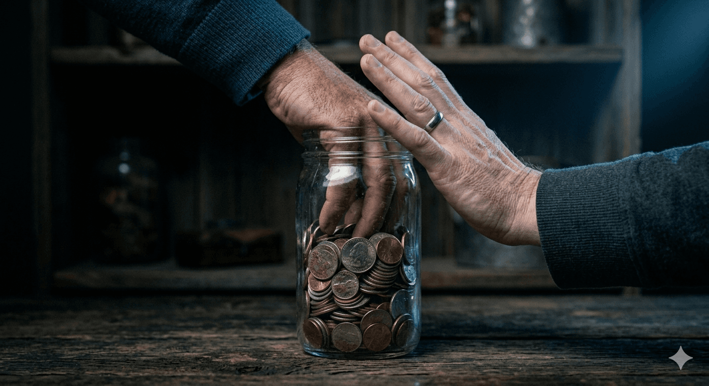 Hand reaching into a jar of coins while another hand blocks it, representing a payment processor taking too much