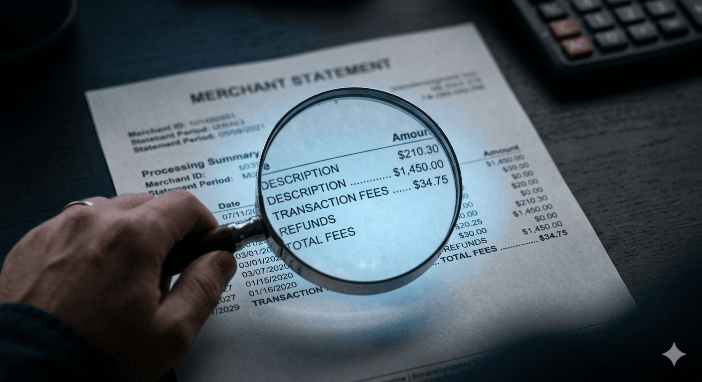 Magnifying glass over a merchant statement revealing hidden credit card processing fees